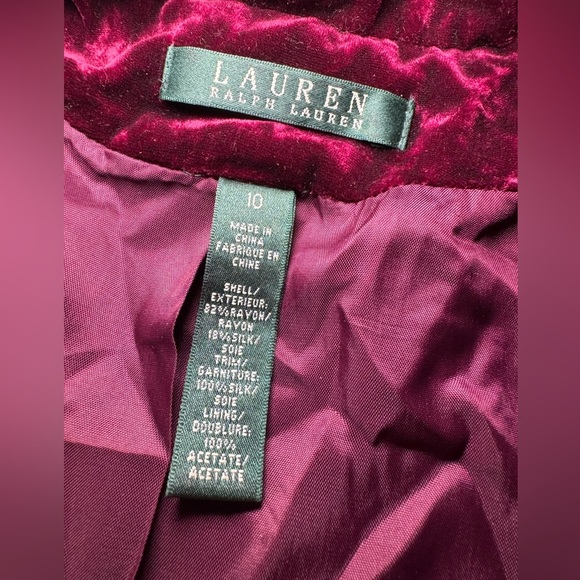 Lauren Ralph Lauren Burgundy Silk Velvet Blouse Sz 10 Button Front Holiday Party - Picture 5 of 11